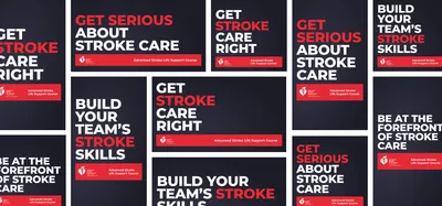 Collage of dark-themed American Heart Association ASLS course graphics with bold red and white headlines such as ‘Get serious about stroke care,’ ‘Get stroke care right,’ ‘Build your team’s stroke skills,’ and ‘Be at the forefront of stroke care,’ each featuring the ASLS course label and AHA logo.