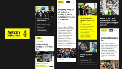 Composite graphic of Amnesty International’s website on a dark background, featuring its yellow and black branding. Panels highlight human rights campaigns and articles including solidarity with Hong Kong activists, a call to release Jimmy Lai, a petition to end the prosecution of peaceful protestors in the UK, defence of the right to protest, and a feature titled “Calling out genocide in Gaza.” The Amnesty International logo appears prominently in yellow.