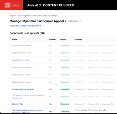 Screenshot of the Appeals Content Checker admin screen listing guidance documents, including appeal toolkits, brand guidelines, FAQs and channel-specific technical specifications used to inform proofreading recommendations.