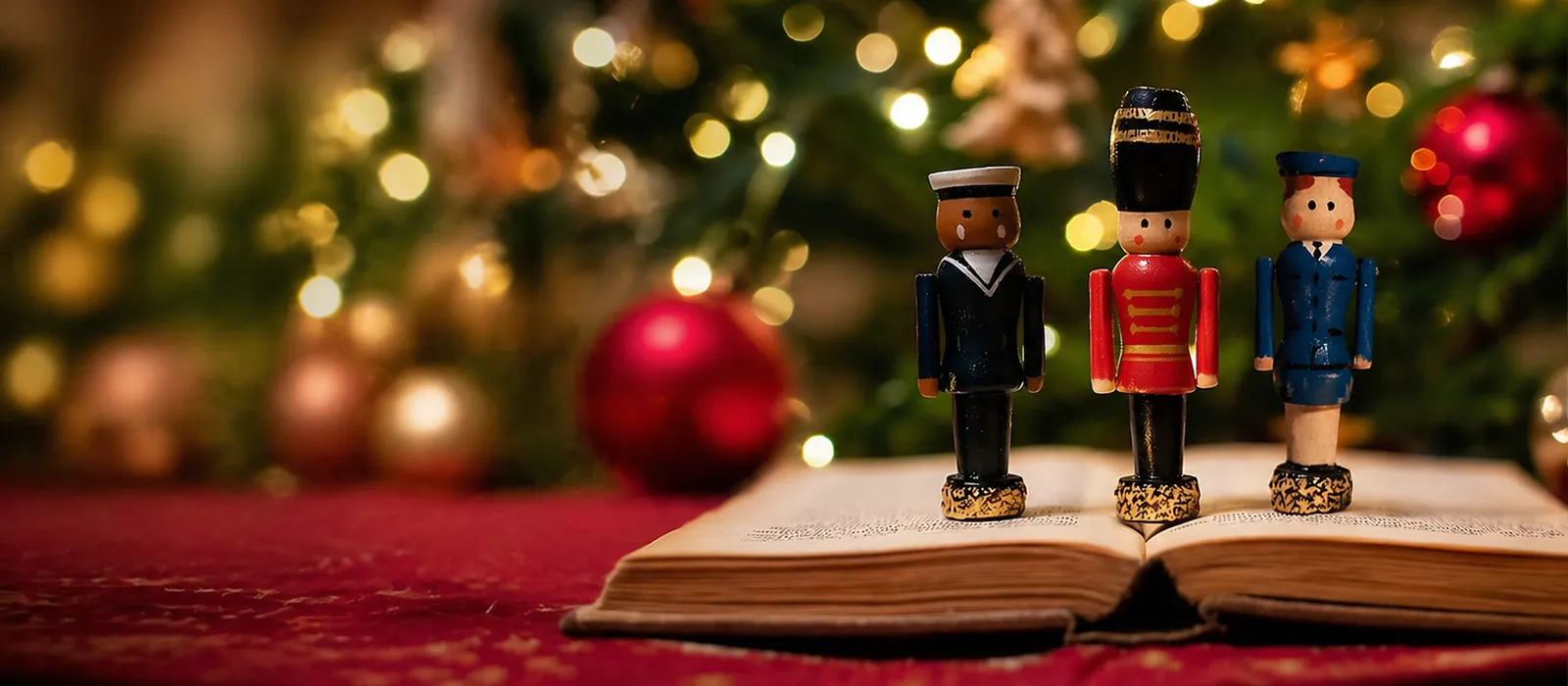 A wooden table with a closed book on top, with toy soldiers arranged neatly around it. A twinkly Christmas tree is in the background.