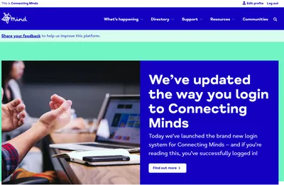 Screenshot of Mind’s “Connecting Minds” extranet homepage showing a navigation bar and a large banner announcing a new login system, with a call-to-action button and supporting imagery.