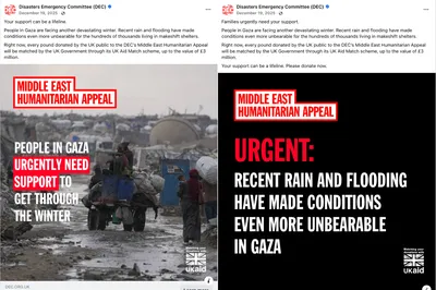 A collage of two Facebook posts from the Disasters Emergency Committee (DEC) about the Middle East Humanitarian Appeal. The posts describe worsening winter conditions in Gaza, including flooding and makeshift shelters, and encourage donations. One screenshot includes an image of people travelling through a muddy camp with belongings loaded onto a cart and text reading “People in Gaza urgently need support to get through the winter.” The second features a black background with bold white and red text stating “Urgent: Recent rain and flooding have made conditions even more unbearable in Gaza.”