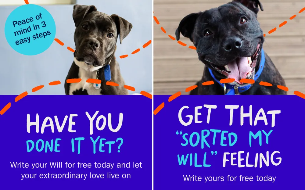 Two Battersea legacy giving ads featuring dogs. Left reads “Have you done it yet?” with supporting text about writing your will. Right reads “Get that ‘sorted my will’ feeling” alongside a smiling dog.