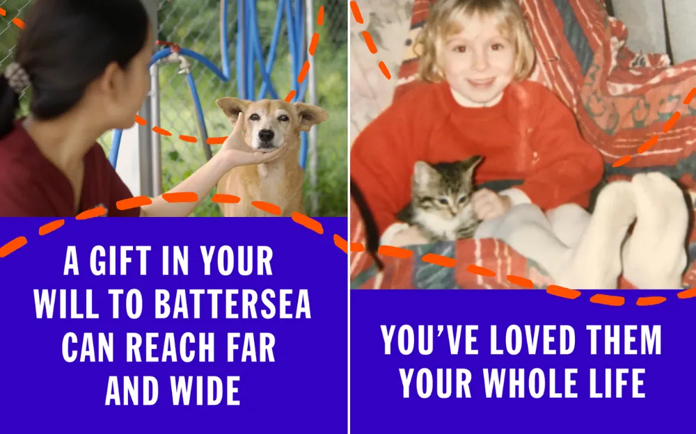Two Battersea legacy ads. Left shows a dog being cared for with the text “A gift in your will to Battersea can reach far and wide”. Right shows a childhood photo of a person with a pet and the text “You’ve loved them your whole life”.