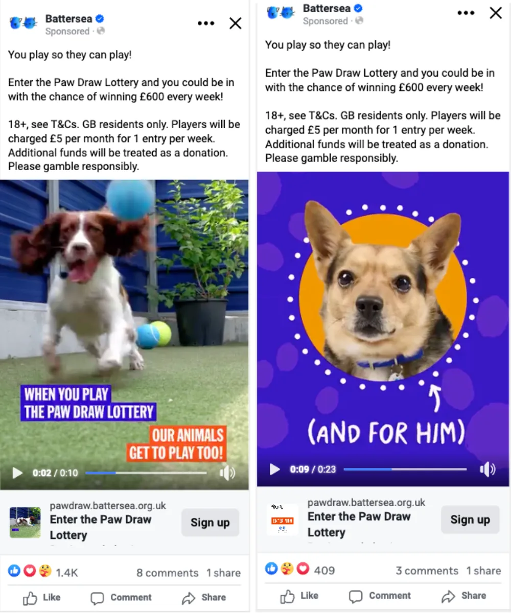 Two Battersea lottery ads. Left shows a dog playing with a ball and text about entering the Paw Draw Lottery to win £600 every week. Right shows a dog on a purple background with the message “(and for him)” encouraging sign-ups.