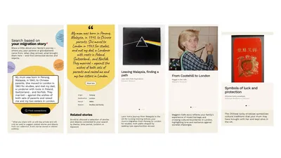 A sequence of five mobile screen mockups showing a museum search experience based on a user's family migration story. The first screen invites users to "Search based on your migration story" and displays a submitted story about a mother born in Penang, Malaysia, in 1940 to Chinese parents, who moved to London in 1963 for studies, married a Londoner with Polish, Swiss and Norfolk roots, and raised a family in London. The second screen expands the story and lists key details: origin Penang, destination London, period 1960s, and reason "Studies and family." The remaining screens present related museum stories and collection objects: a Pink Floyd album cover titled Leaving Malaysia, finding a path about migration from Malaysia to the UK; a photograph titled From Cootehill to London connecting themes of mixed heritage and resilience; and a Chinese red lucky envelope titled Symbols of luck and protection, highlighting cultural traditions brought to the UK. The design uses warm cream backgrounds, yellow accent shapes, and card-based layouts to connect a personal migration story with related museum collections.