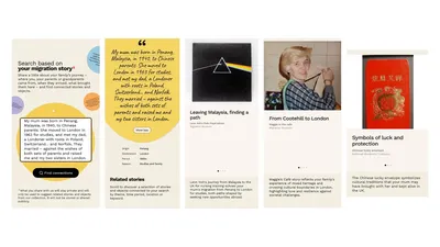 A sequence of five mobile screen mockups showing a museum search experience based on a user's family migration story. The first screen invites users to "Search based on your migration story" and displays a submitted story about a mother born in Penang, Malaysia, in 1940 to Chinese parents, who moved to London in 1963 for studies, married a Londoner with Polish, Swiss and Norfolk roots, and raised a family in London. The second screen expands the story and lists key details: origin Penang, destination London, period 1960s, and reason "Studies and family." The remaining screens present related museum stories and collection objects: a Pink Floyd album cover titled Leaving Malaysia, finding a path about migration from Malaysia to the UK; a photograph titled From Cootehill to London connecting themes of mixed heritage and resilience; and a Chinese red lucky envelope titled Symbols of luck and protection, highlighting cultural traditions brought to the UK. The design uses warm cream backgrounds, yellow accent shapes, and card-based layouts to connect a personal migration story with related museum collections.