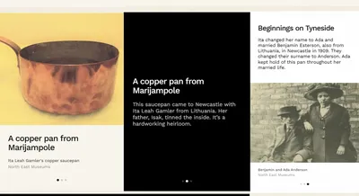Three mobile screen mockups showing a museum object's story, tracing a Lithuanian family's migration to Newcastle through a copper saucepan and historical family photograph.