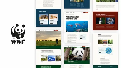 A collage of screenshots from WWF’s redesigned website alongside the black-and-white panda logo. The pages feature large, high-quality nature photography, bold color blocks in navy, forest green, and deep red, and clear, accessible layouts. The design highlights WWF’s key initiatives, such as wildlife protection, climate action, and conservation impact, creating a modern, professional, and visually engaging look that reflects the organisation’s global mission.