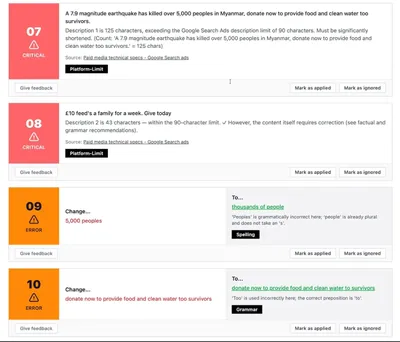 Screenshot of proofreading results showing critical issues and minor errors, with suggested corrections, explanations and buttons to mark each recommendation as applied or ignored.