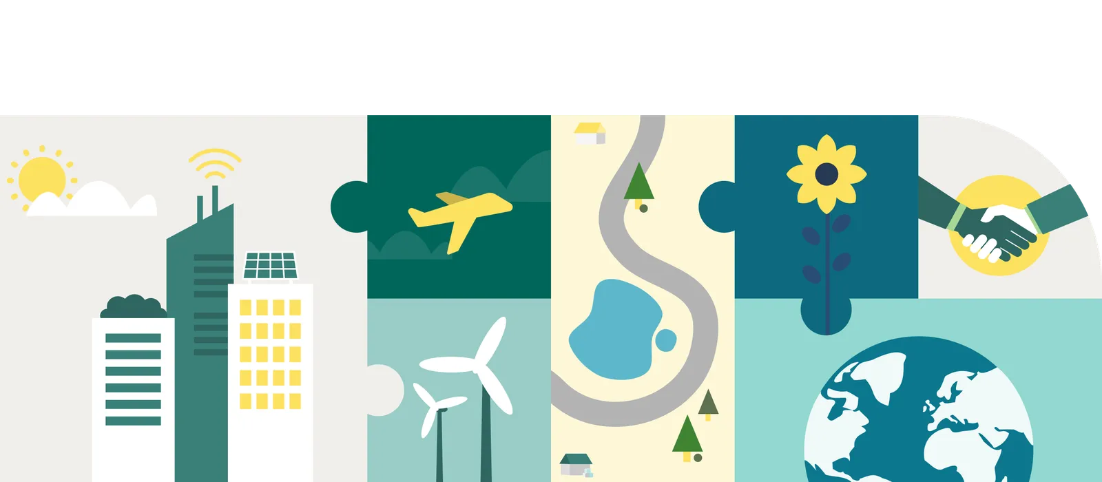 Illustration of sustainability themes including buildings, wind turbines, an airplane, trees, a river, a flower, a handshake, and the Earth, shown as puzzle pieces fitting together.