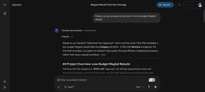 A screenshot of the Torchbox QA Assistant, a custom Gemini tool. A user has asked it to produce a test plan for a low-budget Wagtail rebuild, and the tool has returned a structured response categorising the project by budget range and complexity, and recommending a testing approach based on Torchbox's own internal frameworks.