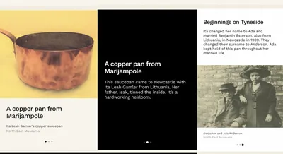 Three mobile screen mockups showing a museum object's story, tracing a Lithuanian family's migration to Newcastle through a copper saucepan and historical family photograph.