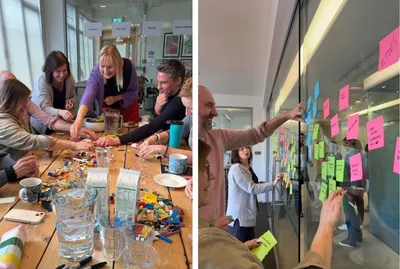 A collage showing attendees collaborating during a workshop, building with LEGO around a table and adding colourful sticky notes to a glass wall as they share ideas together.