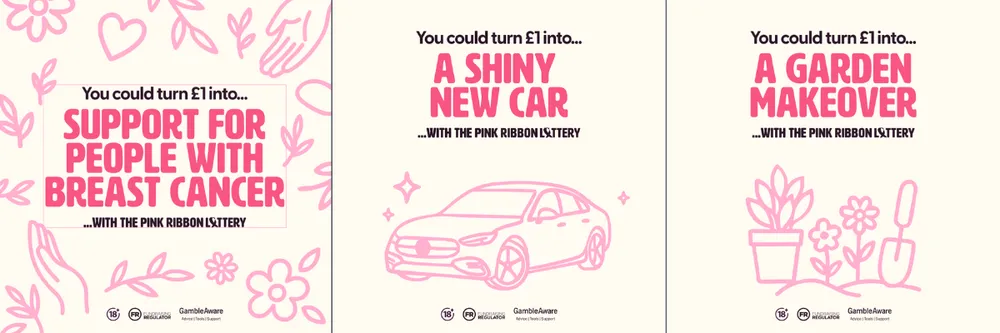 Three Breast Cancer Now Pink Ribbon Lottery adverts with pink illustrations. The first says "You could turn £1 into support for people with breast cancer." The second says "You could turn £1 into a shiny new car." The third says "You could turn £1 into a garden makeover." All include responsible gambling information.