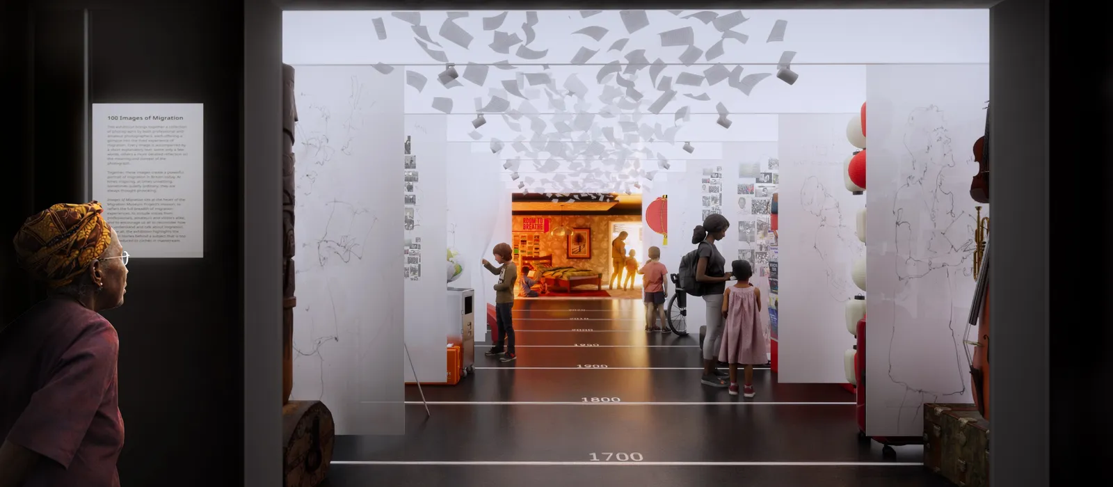 Artist's impression of the Migration Museum's future permanent galleries, showing visitors exploring a timeline-based exhibition filled with migration stories and objects.