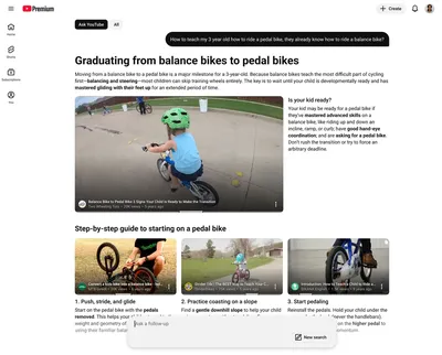 The image is a desktop screenshot of a YouTube Premium interface demonstrating an AI-driven search or conversational feature (indicated by the user prompt in a black speech bubble at the top). The page compiles videos, summaries, and text guides to answer a specific parenting query.