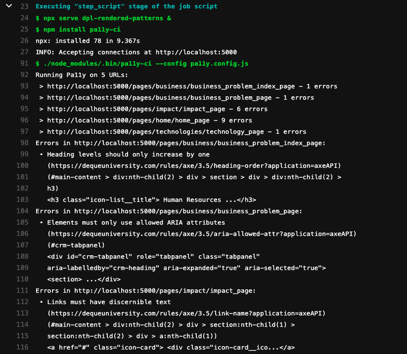 Screenshot of pa11y-ci output in GitLab CI showing reported issues on pattern library templates