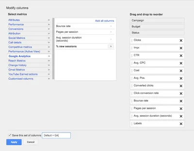 Google AdWords columns