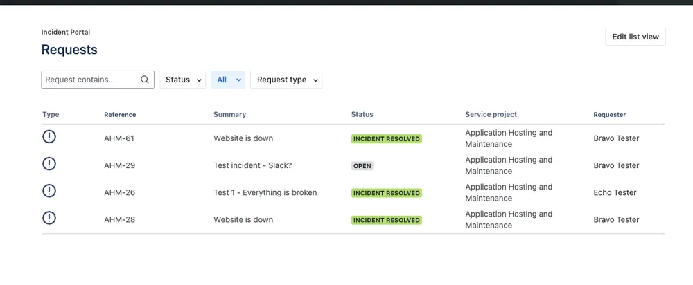 Dashboard showing all historical incident requests
