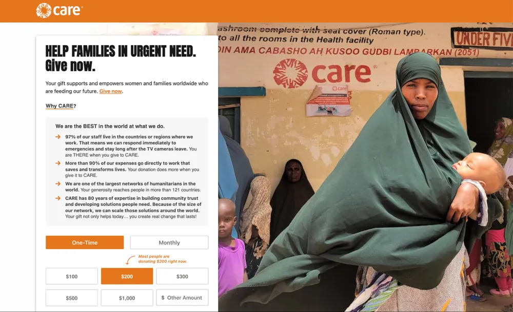 CARE donation page featuring a photo of a mother holding a baby outside a health facility alongside a donation form asking supporters to help families in urgent need, with preset donation amounts and messaging highlighting CARE’s global impact.