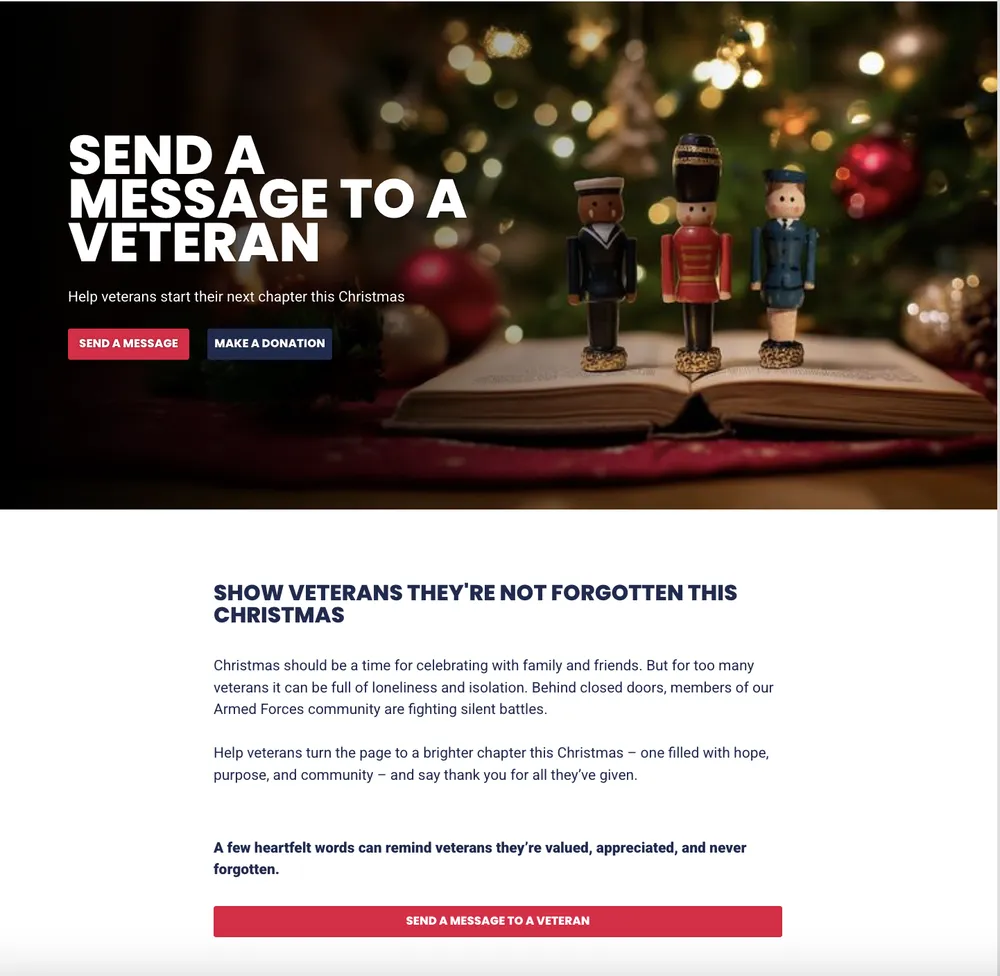 Screenshot of a Christmas-themed Help for Heroes campaign page encouraging people to send a message to a veteran, featuring festive imagery, call-to-action buttons to send a message or donate, and supporting text about veterans experiencing loneliness.