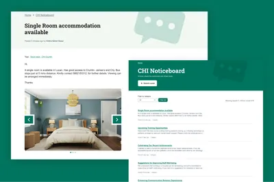 A CHI (Children's Health Ireland) Noticeboard webpage showing a post about "Single Room accommodation available". The page displays a photo of a bedroom with blue walls, a double bed, and basic furnishings. The right side shows other noticeboard posts including "Upcoming Training Opportunities," "Celebrating Our Recent Achievements," and "Suggestions for Improving Staff Well-being."