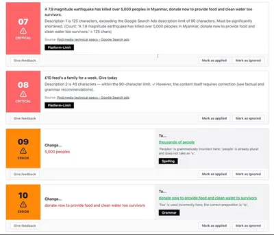 Screenshot of proofreading results showing critical issues and minor errors, with suggested corrections, explanations and buttons to mark each recommendation as applied or ignored.
