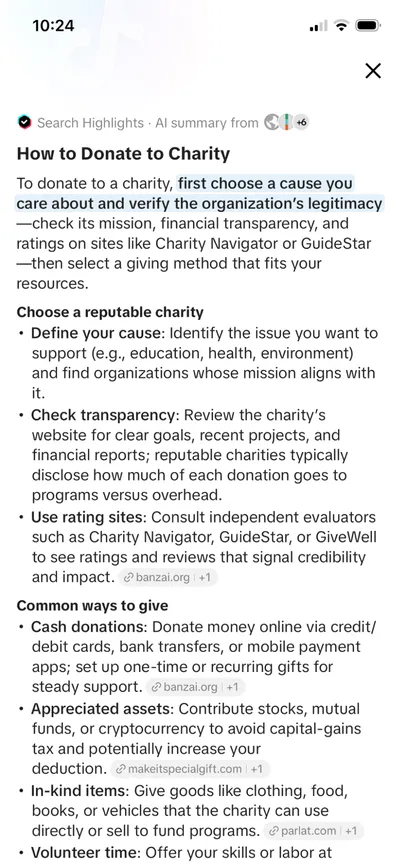 Screenshot of an AI-generated search summary titled "How to Donate to Charity." The summary advises choosing a cause you care about, verifying a charity's legitimacy, checking financial transparency and ratings, and outlines common ways to give, including cash donations, appreciated assets, in-kind donations, and volunteering.