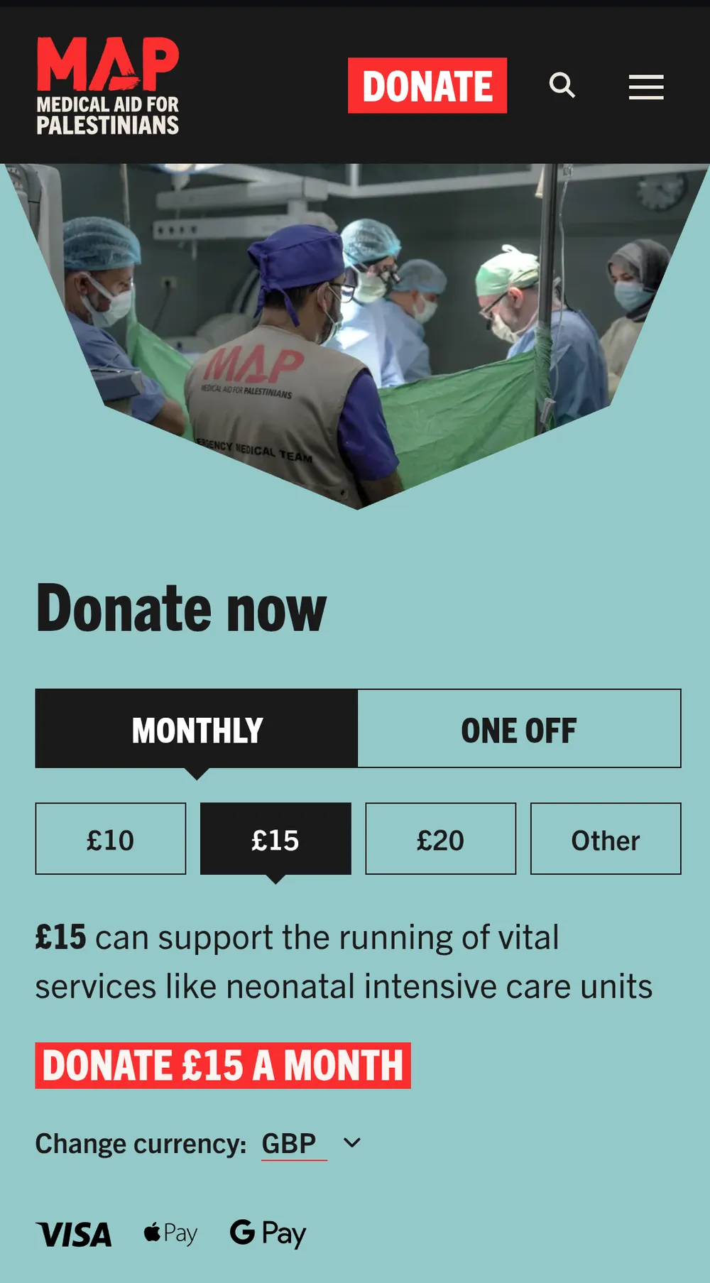 Medical Aid for Palestinians donation page showing surgeons working in an operating theatre above a donation form offering monthly or one-off gifts, with suggested amounts and messaging about supporting vital healthcare services.