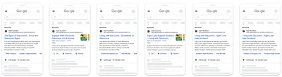 A row of six smartphone mockups displaying Sight Scotland Google search ads. Each phone shows a different ad variation with blue headlines, short descriptive text, and sitelink buttons such as “Contact Our Support Line” and “Donate to Sight Scotland.” The layouts are similar, with slight changes in headlines, images and call-to-action buttons.