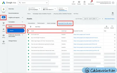 A Google Ads dashboard showing the Assets tab. The Expanded final URL assets section is open, listing ad headlines and descriptions alongside their URLs and impression counts.