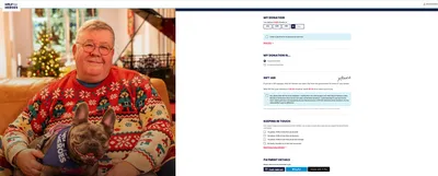Screenshot of Help for Heroes charity donation page with a photo of a man in a Christmas jumper holding a dog, alongside a form to select donation amount, add Gift Aid, choose contact preferences, and enter payment details.