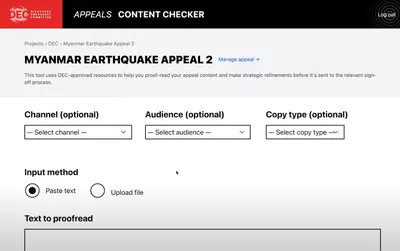 Screenshot of the DEC Appeals Content Checker interface with dropdown menus for channel, audience and copy type, plus a text input area for submitting content to be proofread.