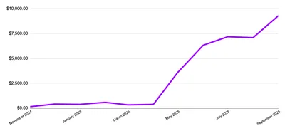 A simple line chart showing monthly Google Ad Grants spend from November 2024 to September 2025. The line starts close to zero, stays low through winter and early spring, then rises dramatically from May onwards, peaking near the $10,000 grant limit in September.