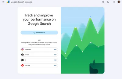 Screenshot of the Google Search Console welcome screen promoting website performance tracking. The page includes an "Add a website" button and a new option to connect social platforms such as Instagram, TikTok, X, and YouTube. A large illustration of an upward-trending green graph appears on the right.