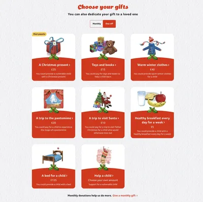 Action for Children’s Secret Santa campaign gift selection. Options include £20 for a trip to the pantomime, £40 for warm winter clothes, £25 for a Christmas present, and other specific ways to support vulnerable children this Christmas.