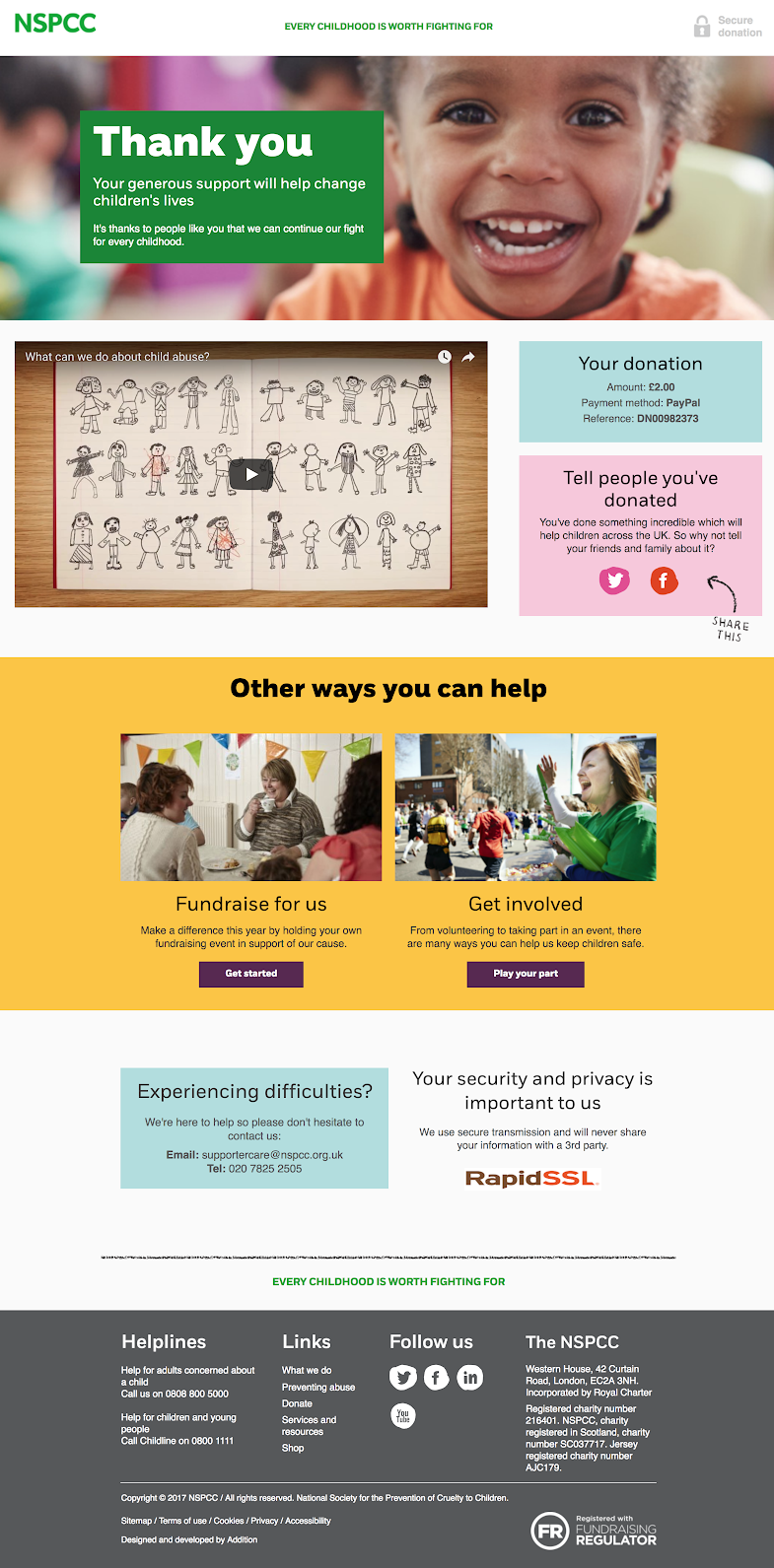 NSPCC donations journey thank you page