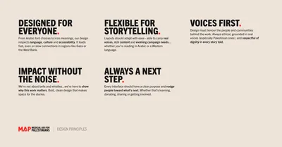 Designed for everyone. From Arabic font choices to icon meanings, our design respects language, culture and accessibility. It loads fast, even on slow connections in regions like Gaza or the West Bank.  Flexible for storytelling. Layouts should adapt with ease - able to carry real voices, rich content and evolving campaign needs… whether you're reading in Arabic or a Western language.  Voices first. Design must honour the people and communities behind the work. Always ethical, grounded in real voices (especially Palestinian ones), and respectful of dignity in every story told.  Impact without the noise. We’re not about bells and whistles… we’re here to show why this work matters. Bold, clean design that makes space for the stories.  Always a next step. Every interface should have a clear purpose and nudge people toward what’s next. Whether that’s learning, donating, sharing or getting involved.  Bottom left logo text: MAP – Medical Aid for Palestinians | Design Principles