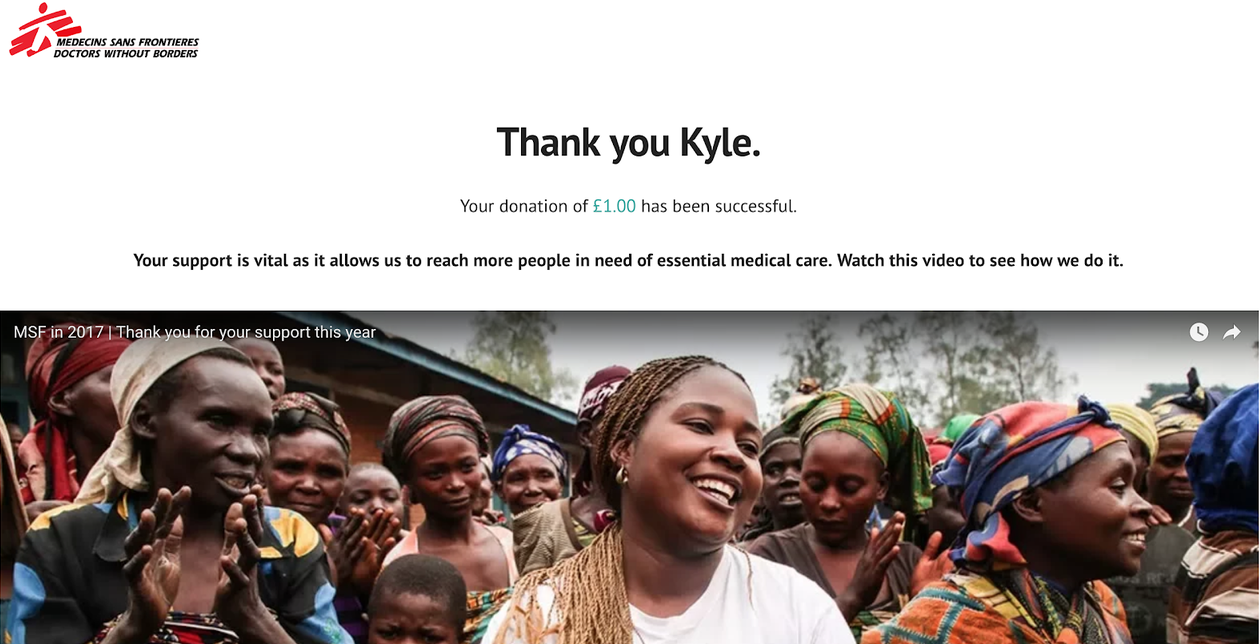MSF donations journey thank you page