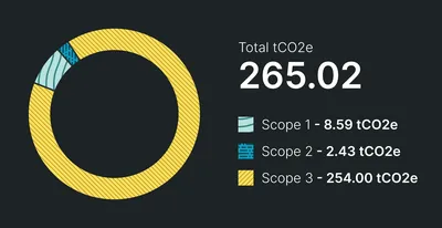 Donut chart showing total emissions of 265.02 tCO2e broken down by scope. Scope 1 contributes 8.59 tCO2e, Scope 2 contributes 2.43 tCO2e, and Scope 3 contributes 254.00 tCO2e, which makes up the majority of the chart. The donut ring is mostly yellow (Scope 3), with small teal (Scope 1) and blue (Scope 2) segments. Text on the right lists totals by scope."
