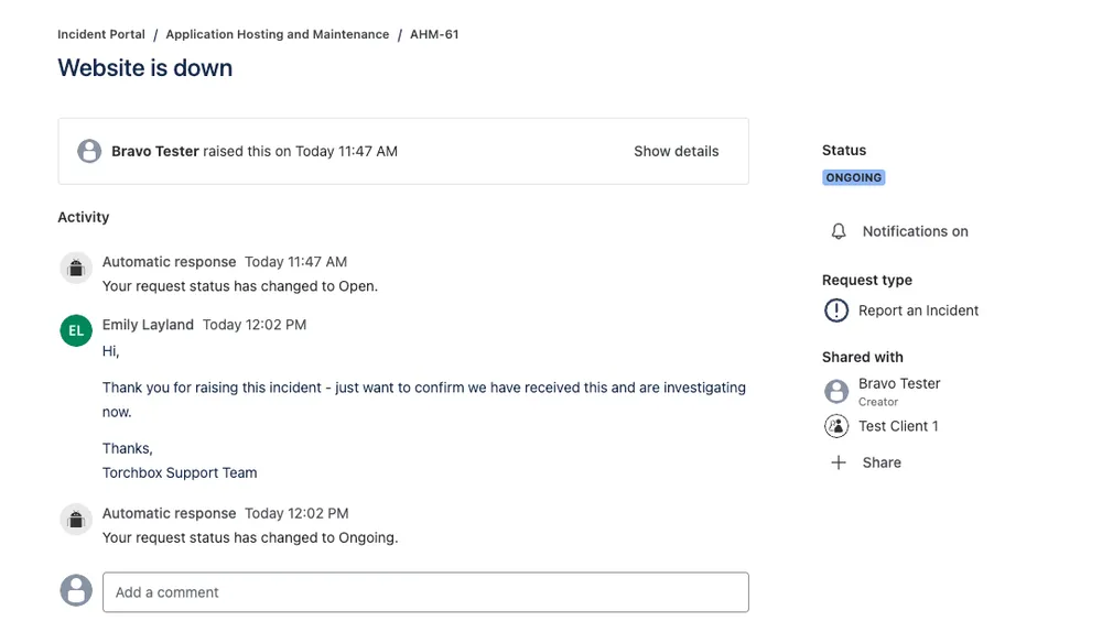 Screen showing comments and updates on the incident