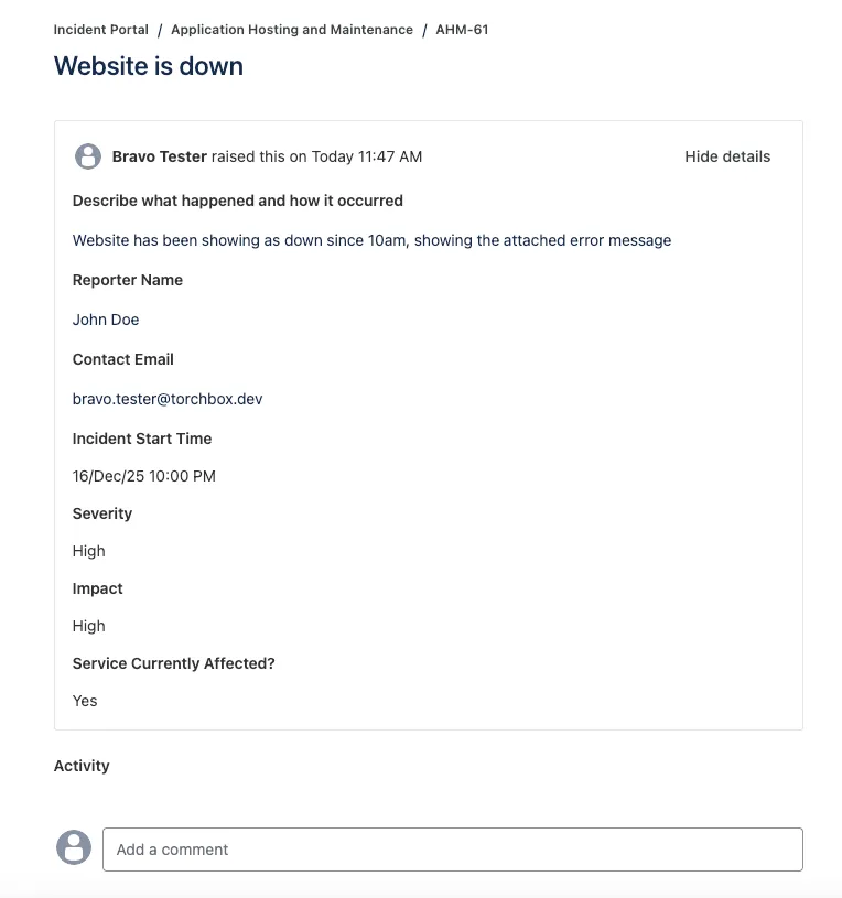 Screen showing incident details