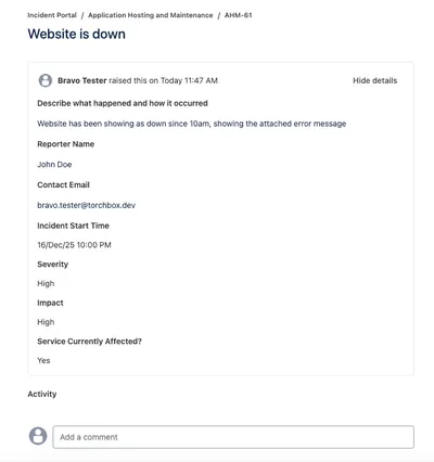 Screen showing incident details