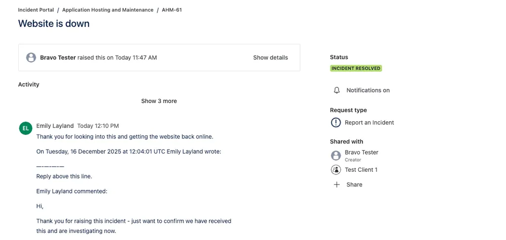 Incident screen showing incident with 'Resolved' status