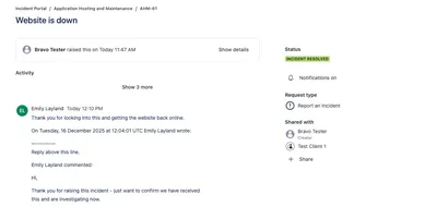 Incident screen showing incident with 'Resolved' status