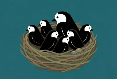 A stylised illustration of a group of black-and-white birds, representing wagtails, sitting together in a nest. The birds have simple, graphic shapes with black bodies, white faces, and small pointed beaks. One larger bird stands slightly taller at the back, while several smaller birds cluster closely around it, suggesting a family or group.  They are all gathered inside a woven nest.