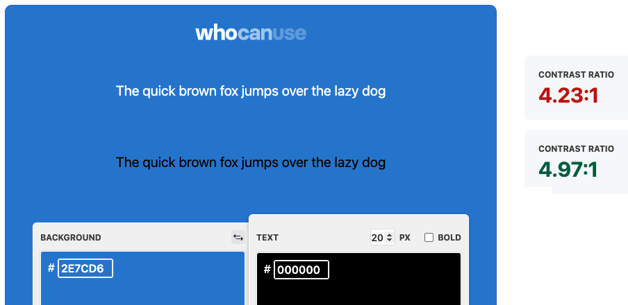 Comparison of lorem copy in white and black, over a blue background (hex code #2E7CD6). White has a contrast ratio of 4.23:1, non-compliant, black has 4.97:1, passing level AA.